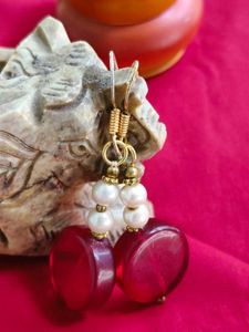 Voylla Glass Pearl White And Maroon Earrings