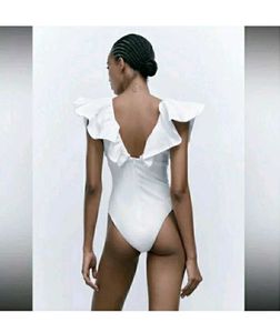 ZARA White Ruffle Bodysuit Top