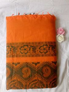 Orange Cotton Saree with Paisley Print