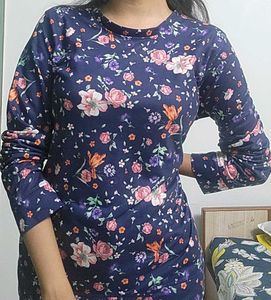 Dark Blue Floral Long Sleeves Aesthetic Cozy Top