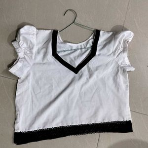 White Loose Fit Crop Top With Lace Hem