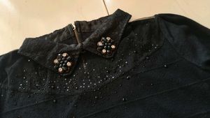 Embellished Collar Ribbed Knit Top