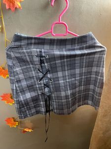 Plaid Mini winter Skirt with Lace-up Detail