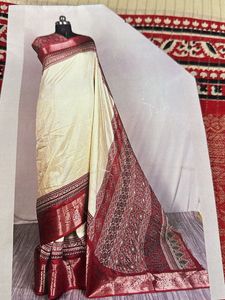 Elegant Cream &amp; Red Sari Bandhani Silk