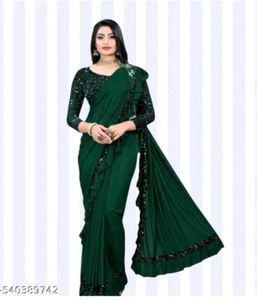 Ready to Wear Lycra Blend Navy Blue Ruffle Saree