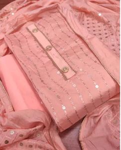 Women&#39;s Pink Ethnic Motif Embroidered Chiffon Suit