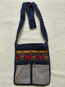 Unisex Denim Crossbody Bag with Embroidery Work