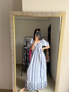 Blue Stripe Ruched Maxi With  Lace Cutwork Details