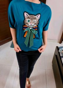 Women Teal blue Cat Bow Embellished Top