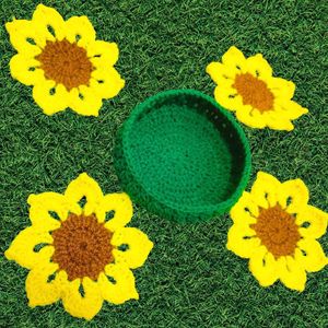 Crochet Sunflower Coaster With Basket.