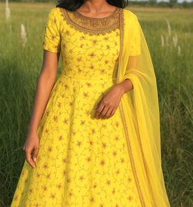 Neck Sequence Yellow Wedding Gown/ Party Wear