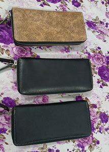 Leather Double Metal Zipper Womens Purse 3 Pcs