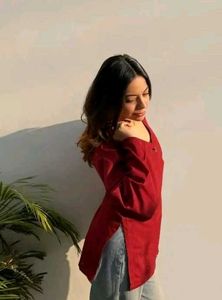 Maroon V-Neck Long Sleeve Kurti