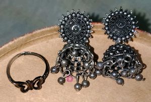 Oxidized Jhumka Earrings with ring 💍