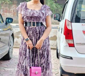 Grey Black Shiny maxi Dress With Belt