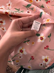 Panit Peach Colored And Green Printed Floral Skirt