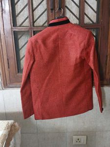 Red Herringbone Blazer - Mandarin Collar