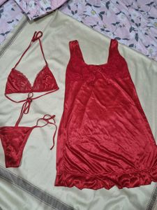 Gorgeous Red 3 Piece Net Nighty Women