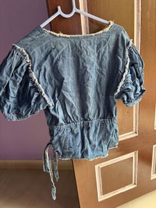 Denim Puff Sleeve Tie Top