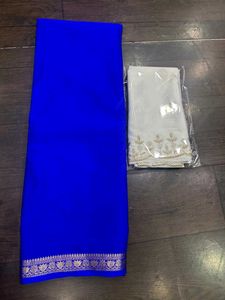 Blue &amp; White Embellished Saree Set