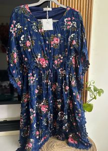 Blue Floral Print Mini Kaftan, Size 36-38