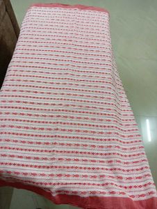 Fish Motive With Red Thread In White Cotton Saree