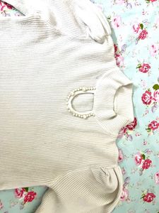 Ribbed Mock Neck Top w/ Pearl Detail