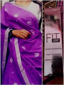Purple Cotton Saree with readymade blouse and foun
