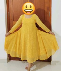 M/L Size Yellow Long Sleeve Anarkali Dress with Sh