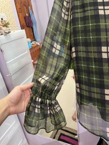Green Checked Flared Sleeve Top