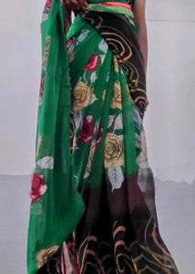 Green Floral Print Saree