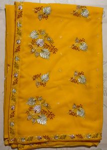 Yellow Embroidered Saree With Blouse Piece