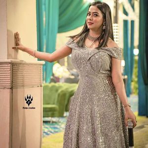 Sparkling Silver Off-Shoulder Gown