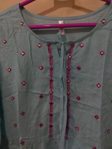 Baby Blue Colour Top With Pink Embroidery Design