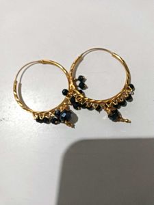 Gold Tone Hoop Earrings with Blue Beads