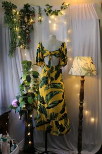 Yellow Leaf Print Midi Dress