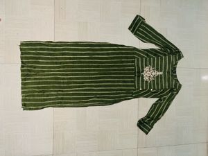 Green Striped Embroidered Kurti