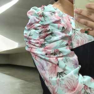 Women&#39;s Floral Puff Sleeve Top – Mint Green&amp;Black