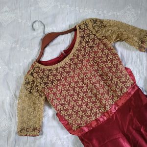 Maroon Satine Long Gown With Golden Net.