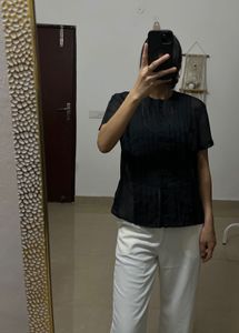 Black Sheer Chiffon Pleated Tops