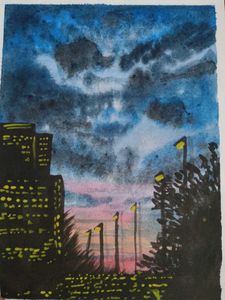 City at Dusk Watercolor Painting