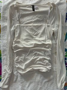 H&M White Ruched Square Neck Top