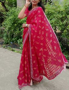 Elegant Pink Traditional Saree with Golden Leaf Pr
