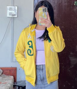 Yellow Embroidered Zip-Up Hoodie