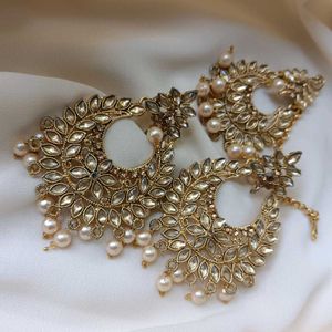 Gold Plated Pearl Earrings Tikka Set