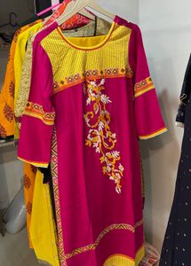 Pink & Yellow Embroidered Kurti