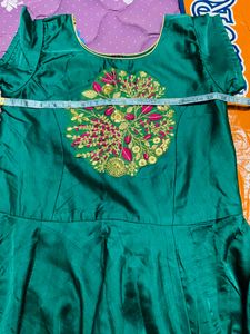 Satin Green  Long Frock With Dupatta