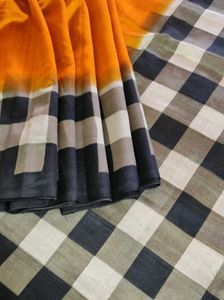 Checkered Saree With Orange Accent