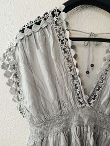 Gray Crochet Trim V-Neck Top