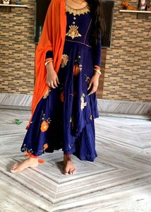 Navy Blue Anarkali With Orange Leggins And Dupatta